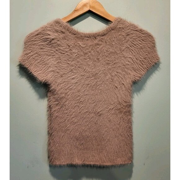 Tan Fuzzy Soft Short Sleeve Scoop Neck Fitted Stretch Crop Sweater Sz S - Picture 3 of 7